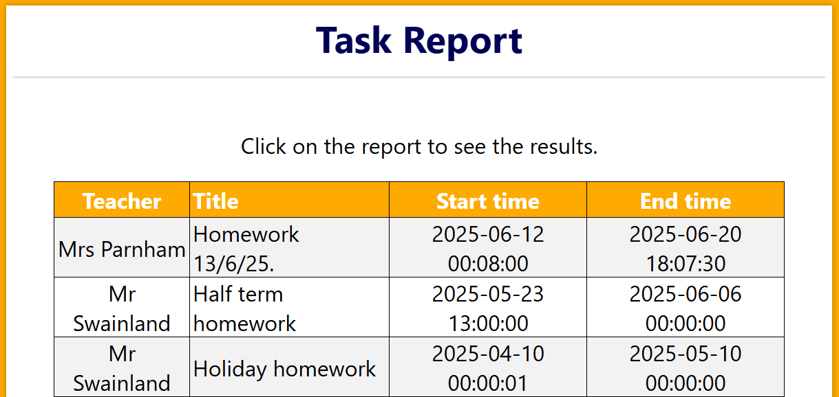 Picture of a list of tasks giving the date, name and teacher of each.